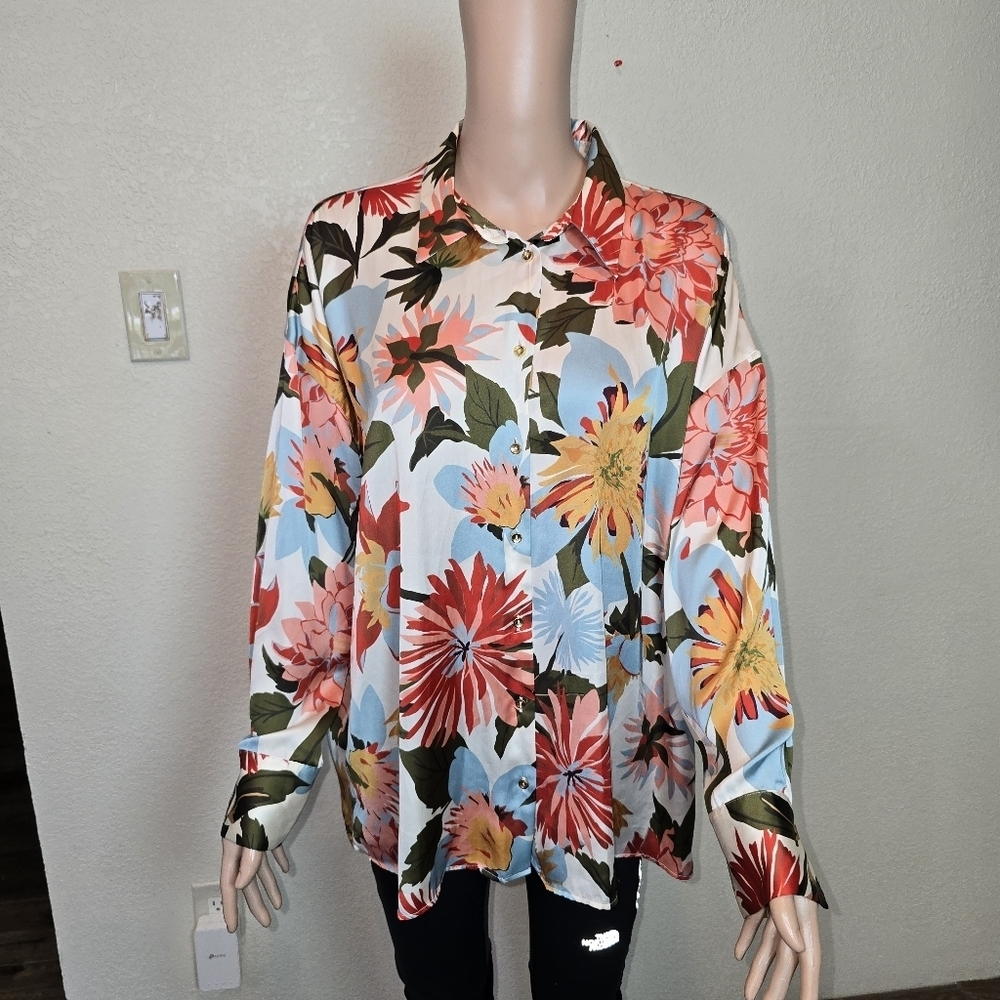 ZARA Satin Floral Printed Button-Down Shirt Long Sleeve Multicolored women’s Xl - Picture 4 of 11